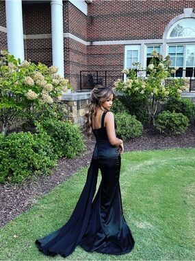 Black Satin Formal Evening Dress with Train